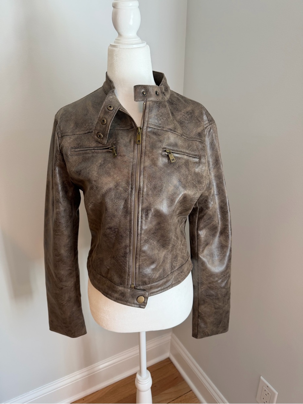 NWT Lioness Distressed Brown Faux Leather Moto Jacket